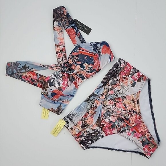 Urban Lux Resort Women's 3 Piece Bikini Sarong Tropical Silver Pink Print Size S - Picture 7 of 16